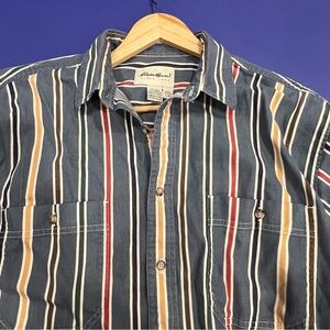 ✅ Eddie Bauer Button Up Shirt Size XL Blue Gold red casual stripe Striped GUC